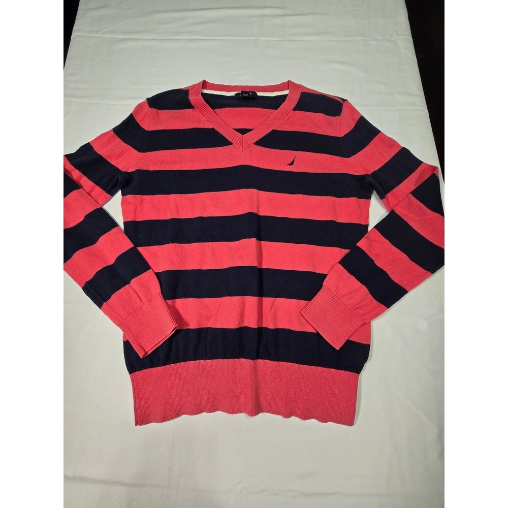 Nautica Womens V-Neck Sweater Pink Navy Blue Striped 100% Cotton Pullover Size M